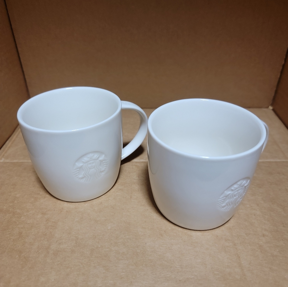 Starbucks 2010 White Embossed Siren Mermaid Logo Coffee Set of 2